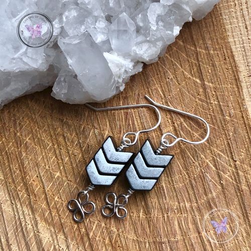 Hematite Arrow Earrings With Lucky Silver Clover